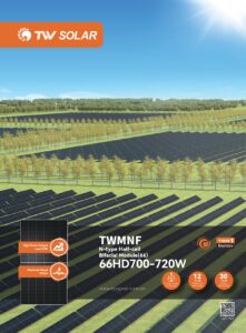 TW Solar TWMNF66HD710W 710 W bifacial TOPCon, double verre, 132 demi-cellules, 2384×1303×33 mm, 1500 VDC