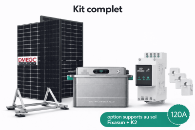 Kit solaire 2 kWc avec 4 panneaux DMEGC 500W bifacial, Zendure SolarFlow 800 Plus 1,92 kWh et Smart 3CT 120A, option supports au sol Fixasun K2