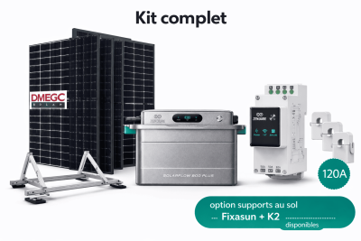 Kit solaire 2 kWc avec 4 panneaux DMEGC 500W bifacial, Zendure SolarFlow 800 Plus 1,92 kWh et Smart 3CT 120A, option supports au sol Fixasun K2
