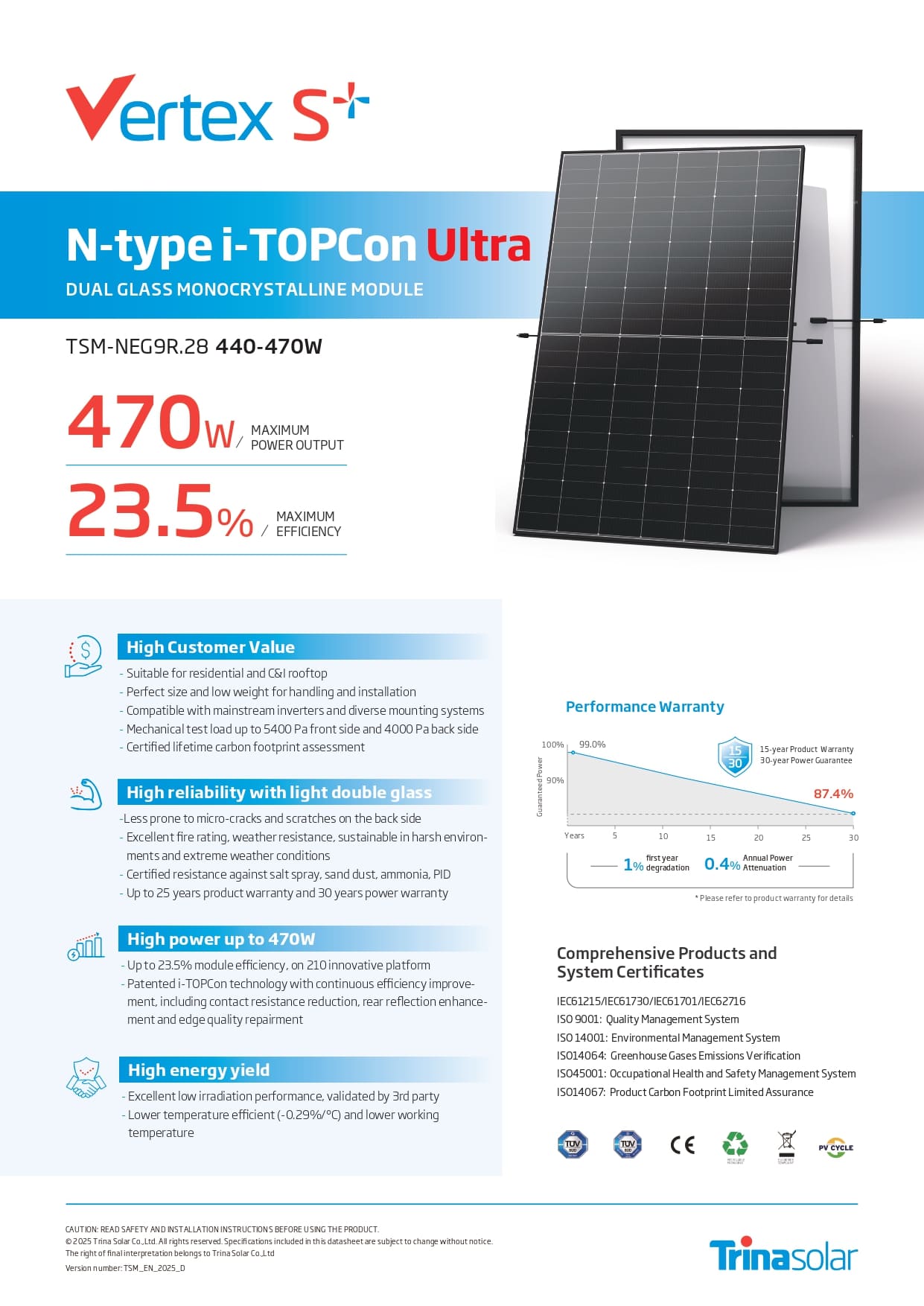 TSM-470NEG9R.28 Panneau solaire Trina Solar Vertex S Plus TSM-470NEG9R.28 470W N-Type i-TOPCon Ultra double verre