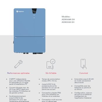 Onduleur hybride Solplanet ASW010K-SH monophasé 10 kW avec 3 MPPT compatible batteries LiFePO4 et panneaux photovoltaïques haute puissance