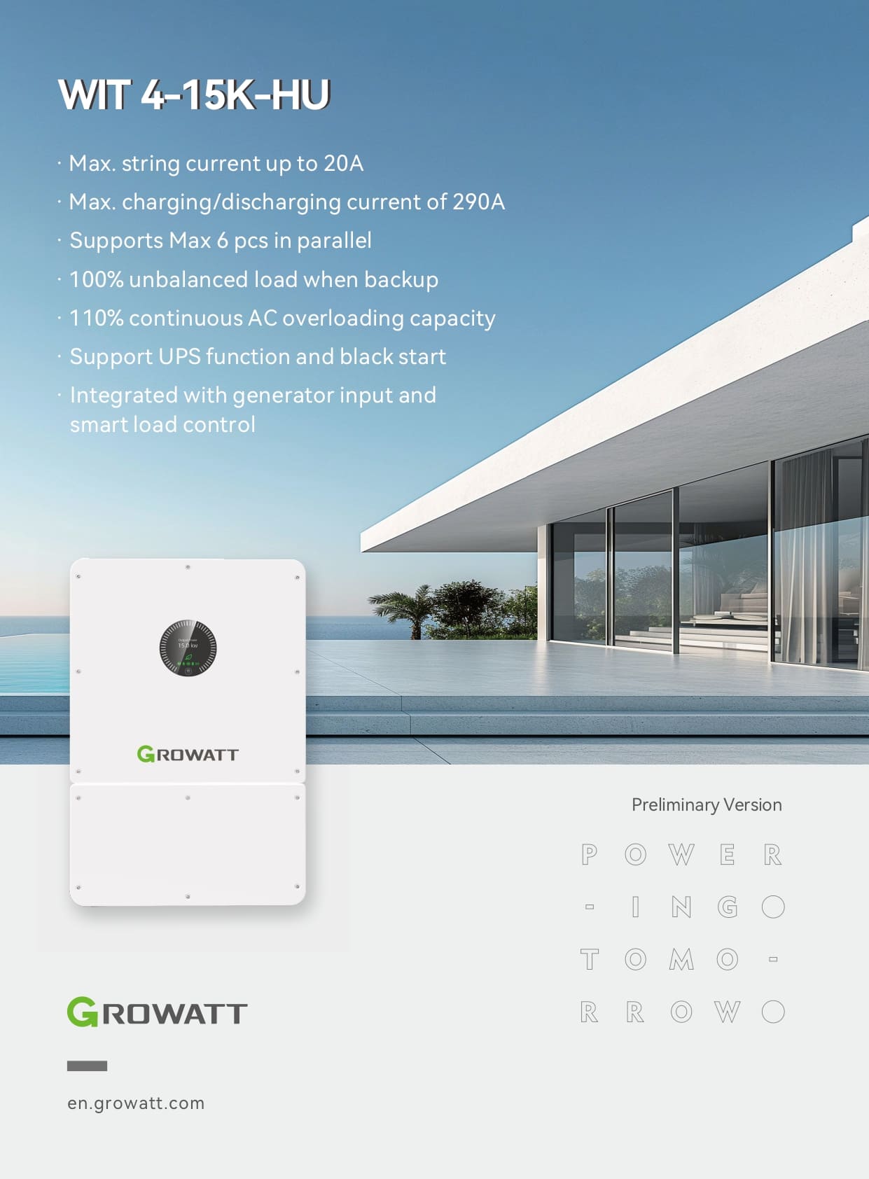 WIT4-15k-HU Onduleur hybride triphasé Growatt WIT 15K-HU 15 kW compatible batteries LiFePO4 48 V avec fonction Backup et 2 MPPT