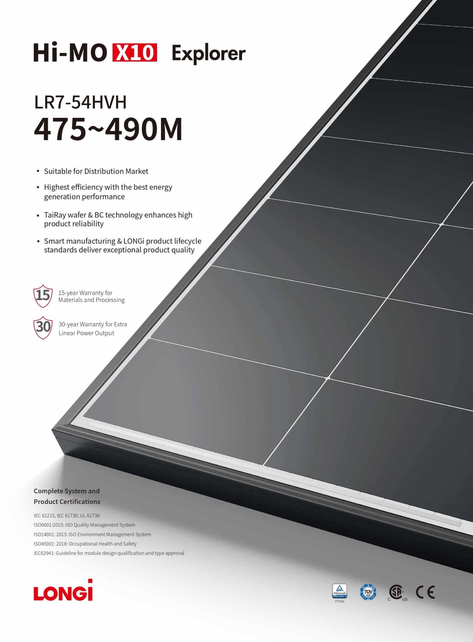 LR7-54HVH-475-490M Panneau solaire LONGi Hi-MO X10 Explorer LR7-54HVH-490M 490 W technologie Back Contact rendement 24 %