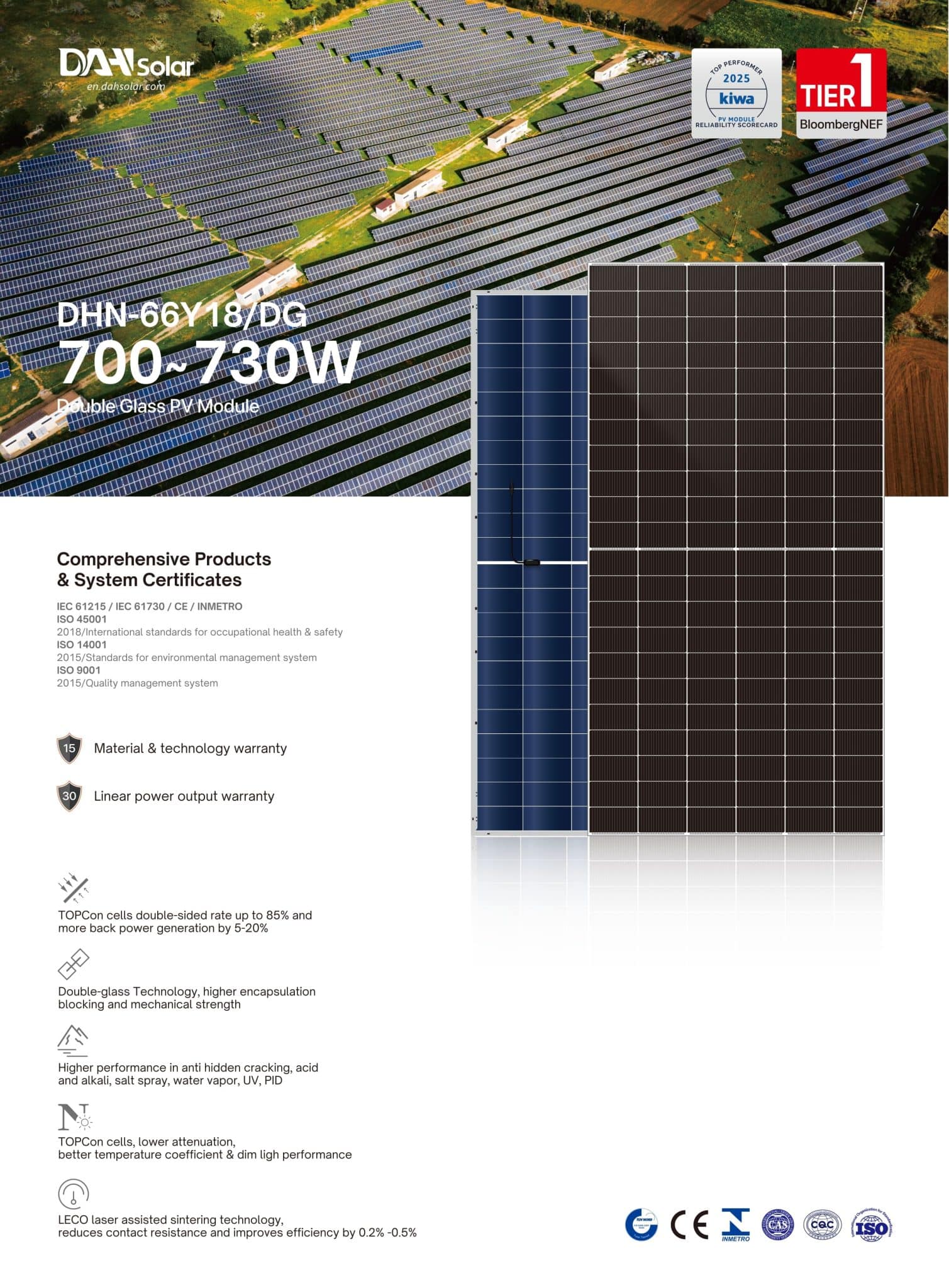 DHN-66Y18_DG-700_730W Panneau solaire bifacial DAH Solar DHN-66Y18/DG 700 W N-Type TOPCon double verre haute puissance