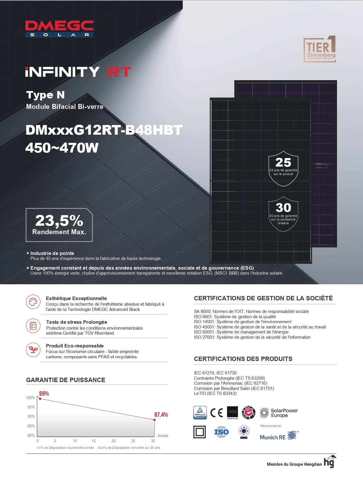 DM450-470G12RT-B48HBT Panneau solaire bifacial DMEGC DM460G12RT-B48HBT 460 W N-Type bi-verre INFINITY RT Advanced Black rendement 23 %