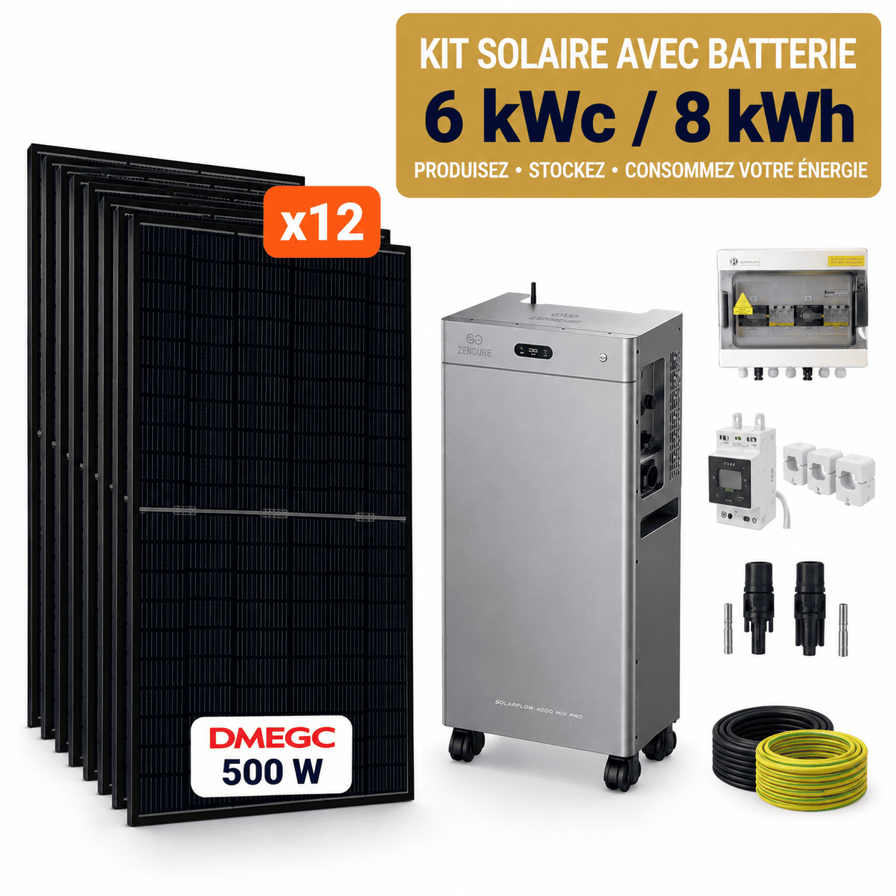 Kit 6kW:8kWh Kit solaire 6kW DMEGC 500W avec Zendure SolarFlow 4000 Mix Pro et batterie 8kWh pour autoconsommation photovoltaïque