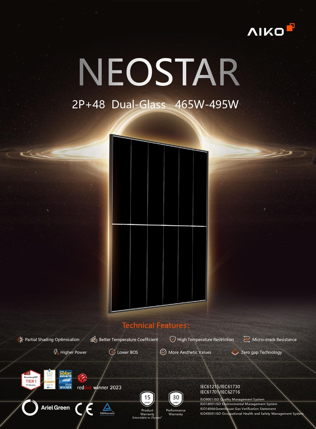 Neostar 2P+48-A465_485-GRH48Dw Panneau solaire bifacial AIKO Neostar 2P+ A485-GRH48Dw 485 W N-Type ABC double verre rendement 24,3 %